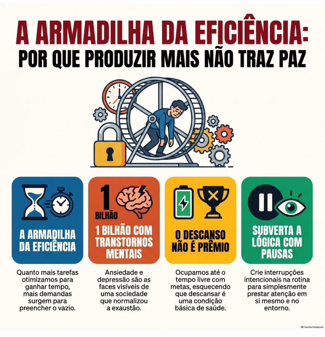 Infográfico “A armadilha da eficiência: por que produzir mais não traz paz” — quatro pontos: quanto mais tarefas otimizamos, mais demandas surgem para preencher o vazio; ansiedade e depressão são as faces visíveis de uma sociedade que normalizou a exaustão; ocupamos até o tempo livre com metas, esquecendo que descansar é uma condição básica de saúde; crie interrupções intencionais na rotina para prestar atenção em si mesmo e no entorno.